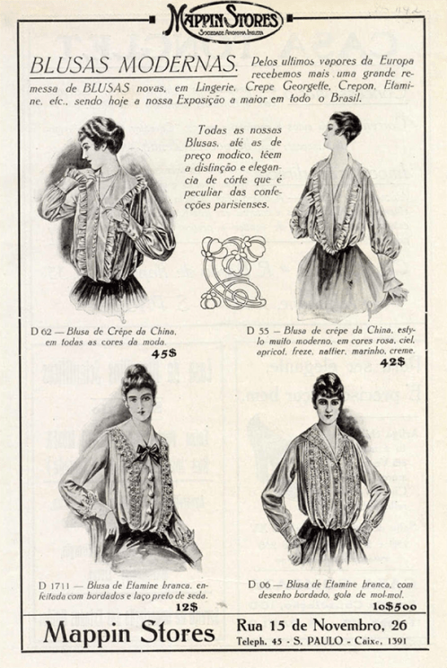 Em 1916, o Mappin trazia blusas modernas para as senhoras.