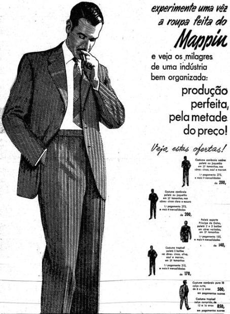 Anúncio do Mappin de 1952, valorizando a qualidade da roupa pronta, tão boa quanto a roupa feita nos alfaiates, e mais barata.